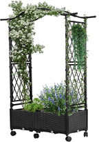 Planter Box with Trellis Outdoor, Plastic Raised Garden Bed Trellis Planter Box with Wheels and Drainage Hole for Patio Balcony Backyard Indoor Flower Vegetable Tomato, Black