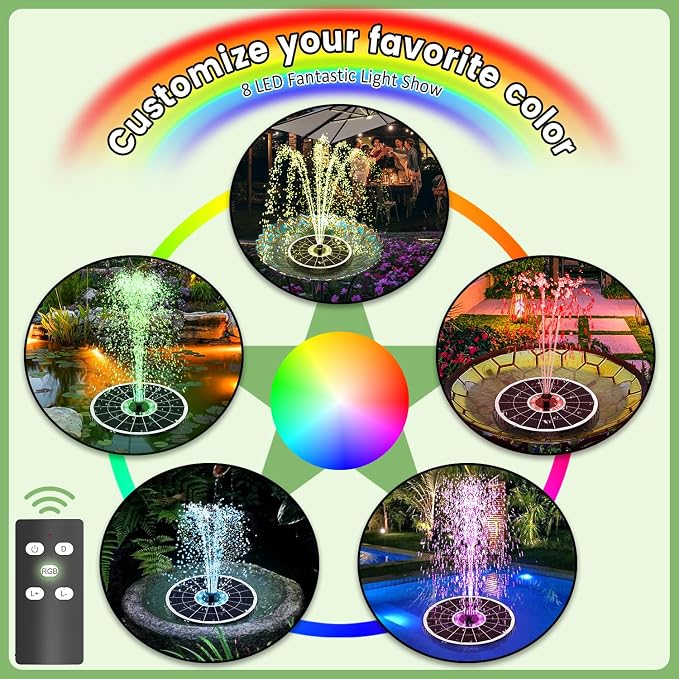 Yzert 2026 Remote Solar Powered Fountain, 6W Glass Bird Bath Fountain with 4000mAh Battery, 7 Nozzles, 4 Fixers & 8 Colorful LEDs, Adjustable Water Height for Outdoor Garden Pond Pool