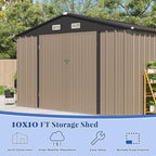 Patiowell 10x10 FT Storage Shed, Outdoor Metal Sheds with Lockable Door and Sloping Roof, Waterproof Outside Large Garden Tool Shed with Breathable Vents for Patio Lawn Backyard, Brown