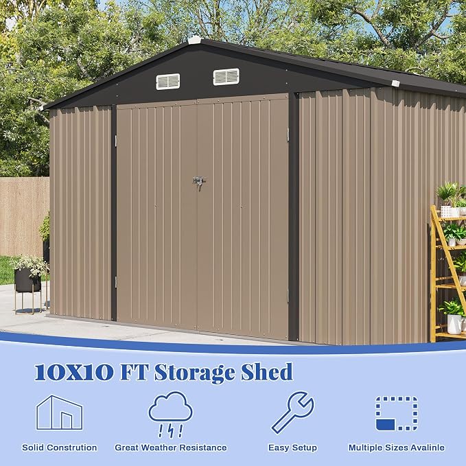 Patiowell 10x10 FT Storage Shed, Outdoor Metal Sheds with Lockable Door and Sloping Roof, Waterproof Outside Large Garden Tool Shed with Breathable Vents for Patio Lawn Backyard, Brown