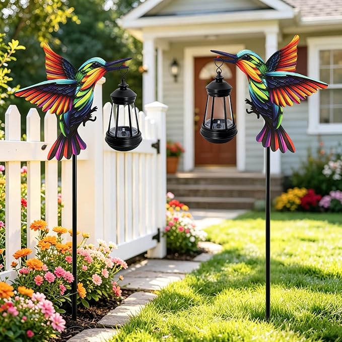 2 Pack Solar Lights Outdoor Waterproof Hummingbird Decorative, 31in Metal Hummingbird Garden Stakes with Solar Lanterns for Yard Art Outside Patio Porch Lawn, Gifts for Women Mom Grandma Mother's Day
