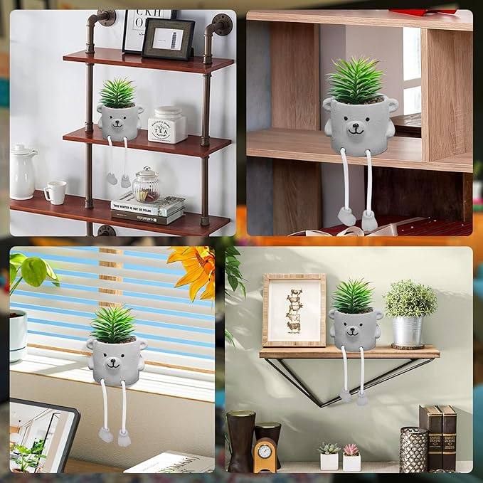 Artificial Succulents in Cement Pots with Hanging Leg, Potted Cute Mini Fake Plants for Office Desk Decor, Faux Succulent Plants Indoor Decorations - Set of 1