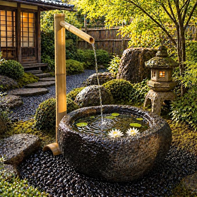 36'' Natural Bamboo Fountain Kit with Adjustable Split-Resistant Spout Quiet Pump and Tubing Japanese Water Feature for Zen Outdoor Patios Landscaping Garden Decor (Traditional)