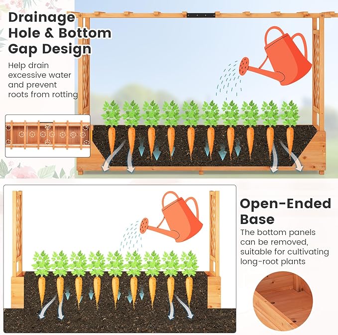 MAT EXPERT Raised Garden Bed with Trellis & Hanging Roof, Lattice Panel with Drainage Hole for Flower, Climbing Plant, Herb, Planter Box for Garden, Patio, Yard (1, 77" x 17" x 45" (L x W x H))