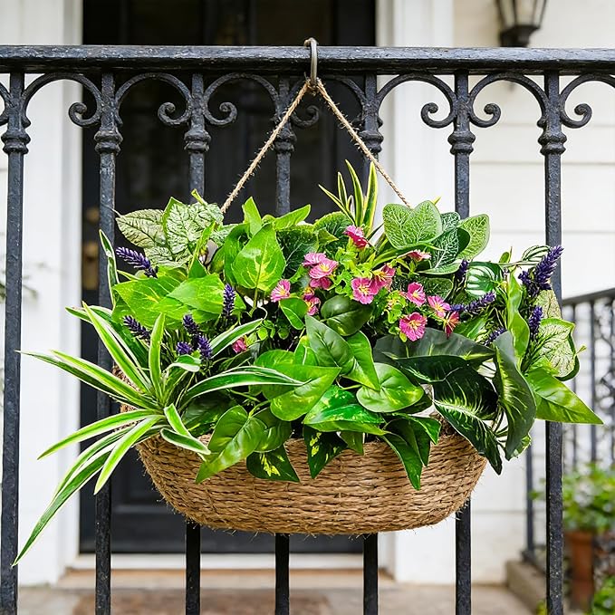 12 Pcs Artificial Plants for Outdoors Faux Greenery Leaves UV Resistant Realistic Plastic Large Bunches Shrubs Bushes with Flowers, Fake Plants Decor Outdoor for Front Porch Door Patio Garden Yard