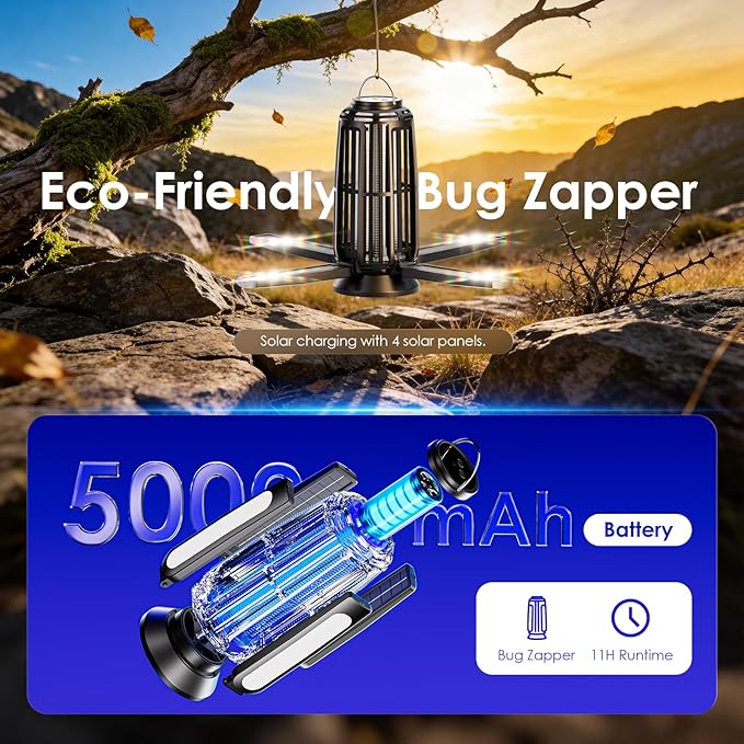 Solar Bug Zapper Outdoor – 5000mAh Battery, Energy-Saving Mosquito Killer, USB-C Rechargeable & 4-Sided Solar Panels, Waterproof Portable Fly Zapper with LED Light for Patio, Garden, Camping, Backyard