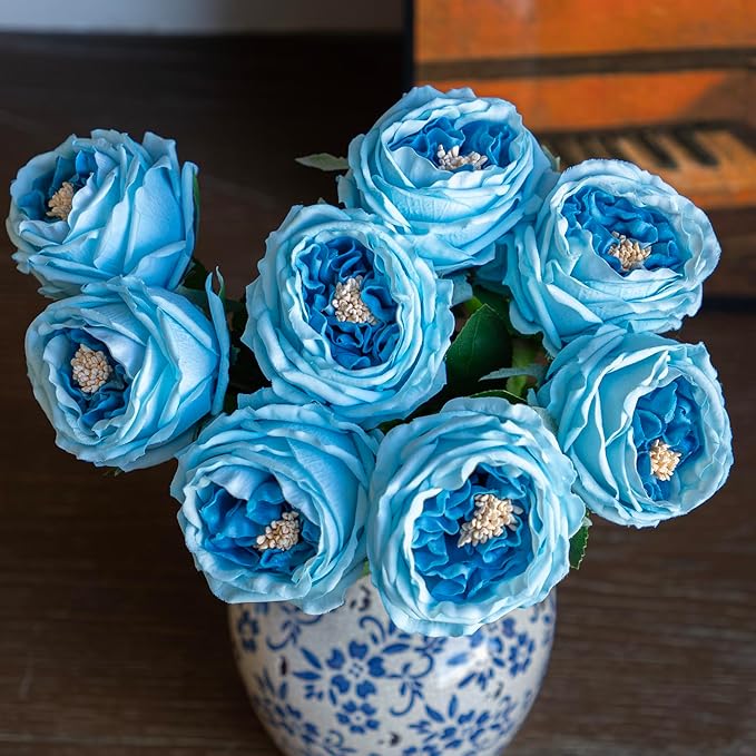 DUYONE Fake Flowers for Decoration Home Decor Artificial Flowers Austin Rose Peony Latex Fake Flower Living Room Decoration Vivid Pink Roses Peonies (Deep Blue 4pcs)