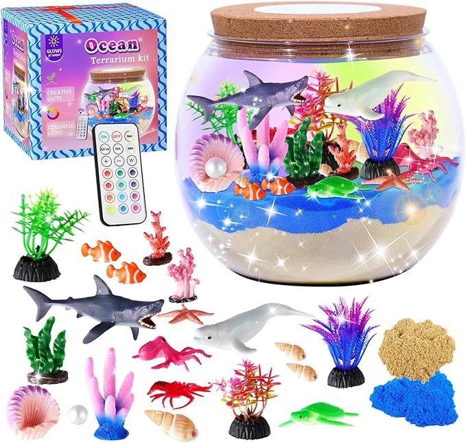 Hannstar Ocean Light Up Terrarium Kit for Kids - Sea Animal Toys with LED Night Light Ocean Animal Birthday Gift for Boys & Girls Ages 4 5 6 7 8-12, Kids Arts & Crafts Kit Easter Ideal Gifts
