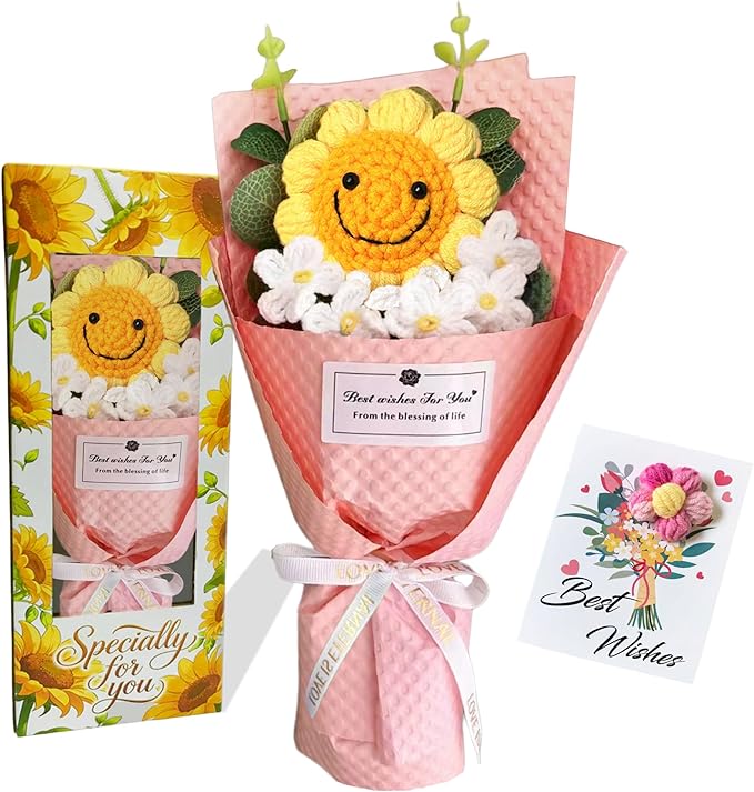 PXFCXVMQ Crochet Sunflower Bouquet,Pink Handmade Knitted Artificial Flower Gift with Card and Box,Smiley Sunflower Bouquet for Graduation, Birthday, Mother's Day,Teacher Appreciation Gift(S-Pink)