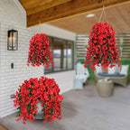 Sggvecsy Artificial Fake Hanging Flowers Plants for Outdoor Outside Spring Summer Decoration 2PCS Faux Silk UV Resistant Realistic Morning Glory Trailing Vines for Home Porch Patio Balcony(Red)