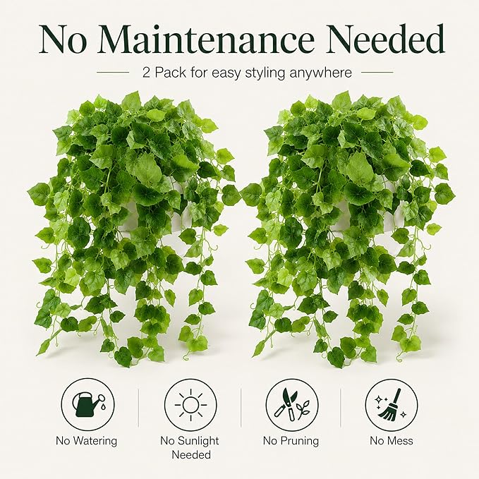 36" Faux Hanging Ivy Plants in White Pots, 2 Pack Fake Pothos Artificial Hanging Plants with 168 Leaves Each & Pebble Topping, Fake Greenery Decor for Shelf Bathroom Office Living Room