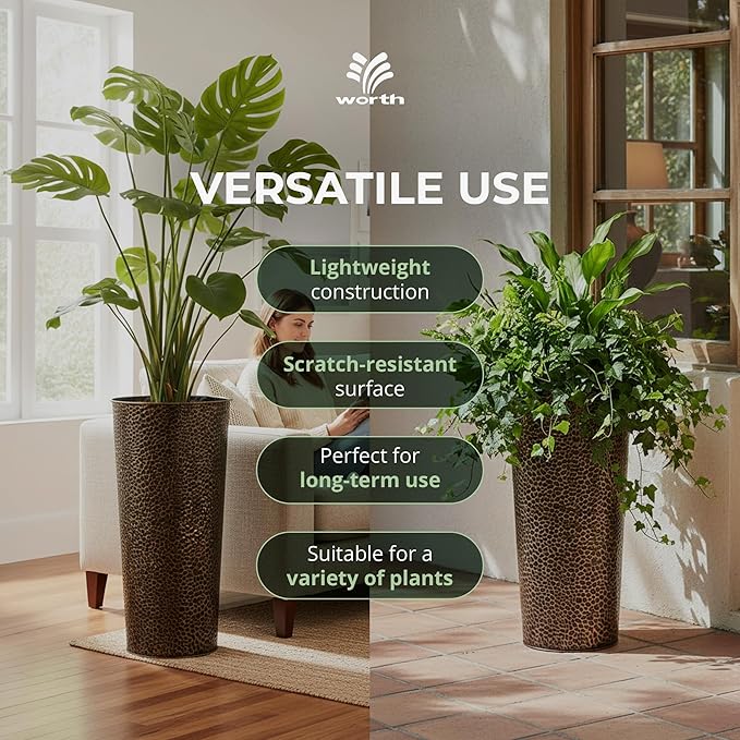 Worth 2 Pack 25" Tall Narrow Metal Planter with Inside Pot for Indoors or Outdoors, Deck, Patio or Front Porch, Hand-Hammered Texture, Bronze