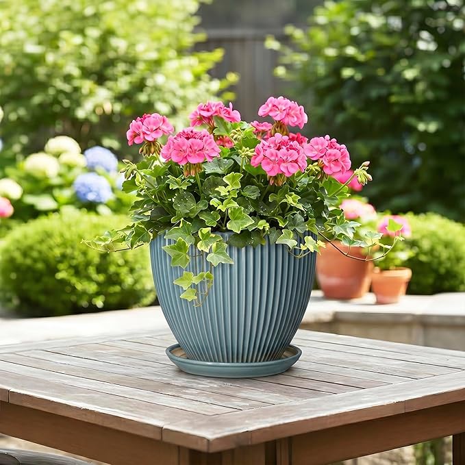 Ceramic Planter, 8 Inch Plant Pot Indoor with Drainage Hole and Saucer, Decorative Planters for Indoor Plants, Modern Flower Pots, Round Planter, Room Decor, Gifts for Plant Lovers, Glaze Blue