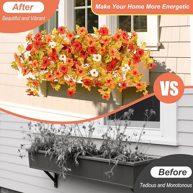 Ammyoo Artificial Fall Flowers Fake Petunias Plants for Outdoor Decoration, 2 Pcs Silk Faux Flowers UV Resistant No Fade Plants for Garden Balcony Yard Porch Realistic Indoor Decor (Orange White)