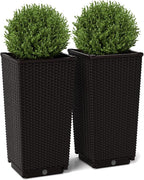 Giantex Set of 2 Outdoor Wicker Flower Pot, 23 Inch Tall Planters with Drainage Hole, Self-Watering Tray, Rattan Flower Pots, Indoor Outdoor Decoration for Front Porch Balcony Entryway (Dark Brown)