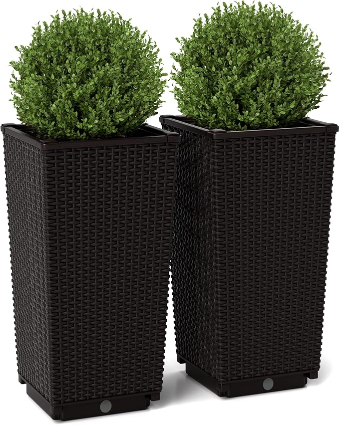 Giantex Set of 2 Outdoor Wicker Flower Pot, 23 Inch Tall Planters with Drainage Hole, Self-Watering Tray, Rattan Flower Pots, Indoor Outdoor Decoration for Front Porch Balcony Entryway (Dark Brown)