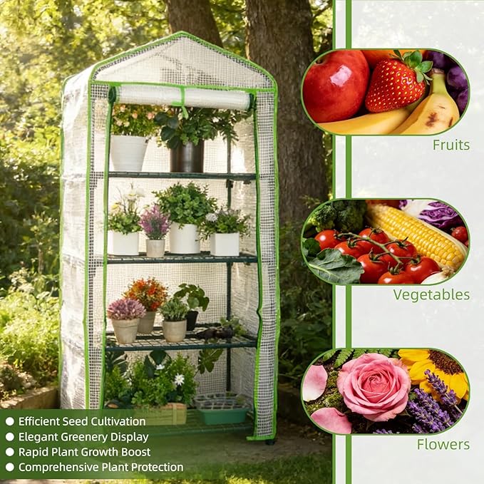 Mini Greenhouse for Indoor Outdoor, Small Plants Green House with 4 Tier Shelves, Portable Plastic Greenhouses with Durable PE Cover for Garden Backyard Patio Balcony Porch (White)
