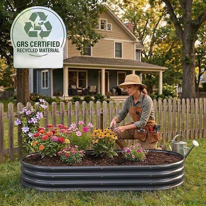 Rakukiri Raised Garden Bed GRS Certified Galvanized Planter Box Outdoor, 5ft Oval Rot-Resistant Metal Garden Bed Planter, Recycled Material Planter for Vegetables Flowers Herbs (Grey)