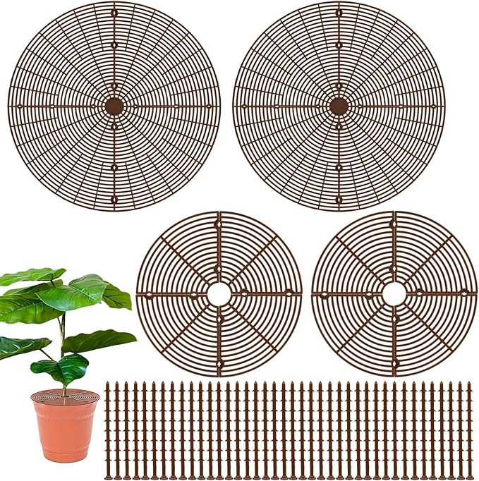 4Pcs Plant Pot Grid, Cuttable Flower Pot Soil Protector Covers, Planter Protector with 40 Deep Stakes, Dogs Cats Digging Stopper Baby Safety, 20.5 Inch 11.8 Inch Plant Grid Pot Cover