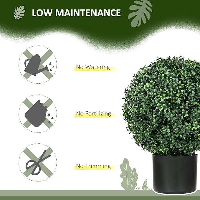 HOMCOM Set of 2 20.5" Artificial Ball Boxwood Topiary Trees with Pot, Indoor Fake Plants for Home Office & Living Room Decor