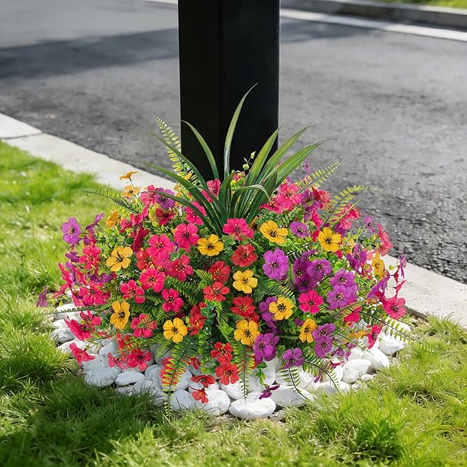 INXUGAO Artificial Fake Flowers Plants for Outdoor Spring Summer Decor, 12 Bundles Faux Silk Flowers for Outdoor Outside Planter Colorful Daisy UV Resistant Look Real for Front Door Porch Patio Yard