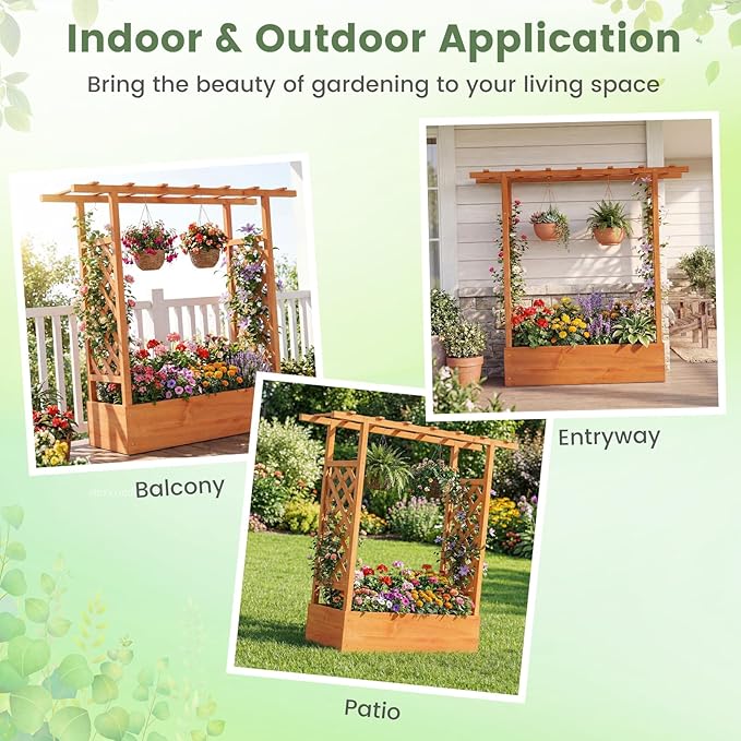 BECOMFORT Raised Garden Bed with Trellis & Hanging Roof, 45" Tall Fir Wood Planter Box with Drainage Holes, Outdoor Elevated Garden Planter for Climbing Vines, Perfect for Patio, Lawn & Backyard