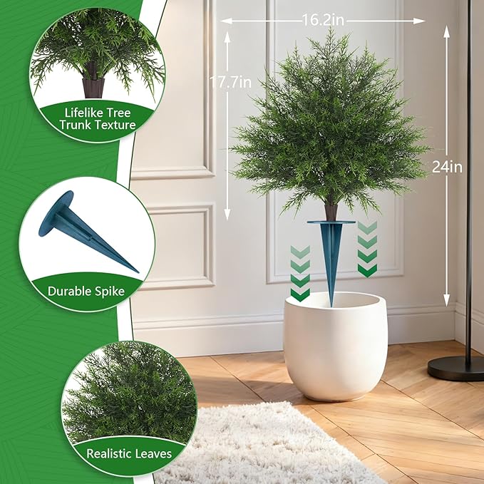 Grooy Artificial Cypress Topiary Bushes with Spike, 2 Pack Faux UV Resistant Cedar Ball Trees for Outdoor Planters, Fake Shrubs Plants for Porch Garden Decor