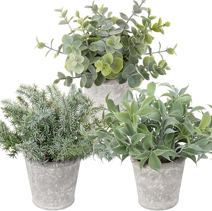 Briful Small Fake Plant Decor Artificial Potted Plants Set of 3 Faux Eucalyptus Rosemary Plants in Pots for Home Table Office Desk Bathroom Shelf Living Room Farmhouse Decoration