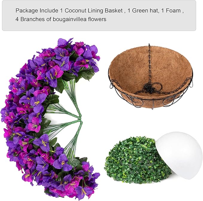 Artificial Hanging Flowers Plant with Basket for Outdoors Spring Decor, Fake Hanging Plants Faux Bougainvillea in Planter Look Real UV Resistant Silk Flowers for Outside Porch Patio Garden Home, Mix