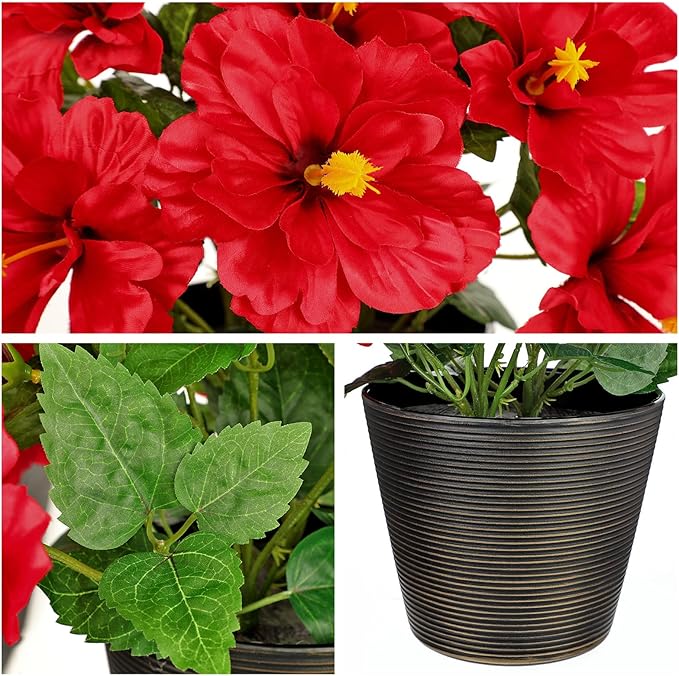 Briful Artificial Hibiscus Flowers in Brown Pot, 14.1" Faux Tropical Flower Plant for Outdoor Porch, Potted Red Hibiscus Tabletop Decor for Living Room, Dining Table, Office, Indoor Home Décor