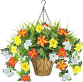 Artificial Flowers Hanging Baskets for Outdoors, 5PCS UV Resistant Faux Outdoor Plants, Fake Petunias Silk Flowers for Garden Balcony Yard Porch Decor (Yellow Orange White)