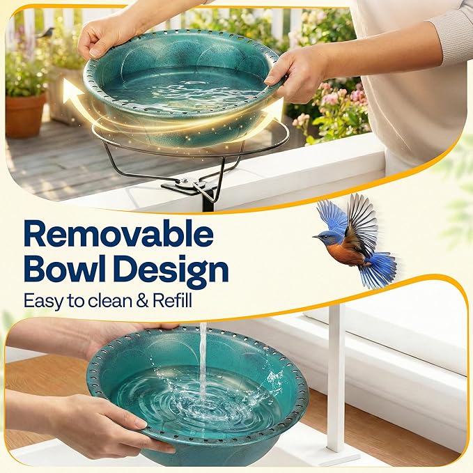 VIVOHOME Deck Mounted Bird Bath with Solar Fountain, Outdoor ABS Birdbath Bowl with Adjustable Metal Clamp, Solar Powered Pump for Railing, Fence, Balcony, 1.45 Gallons, Green