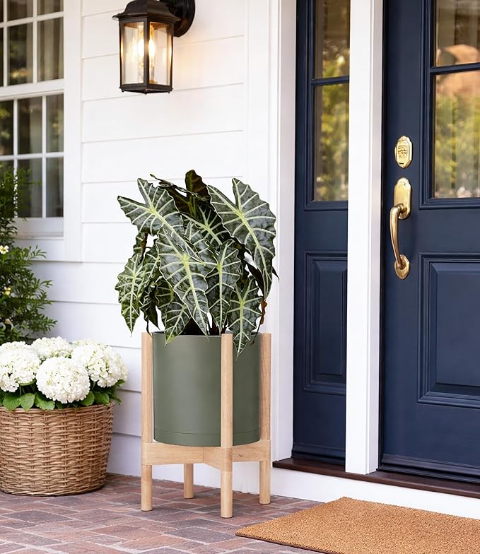 D'vine Dev Planter Pot with Stand - 10 Inch Plastic Cylinder Flower Pot with Wood Planter Holder for Indoor, Olive Pot + Natural Stand, 55-C-M-3