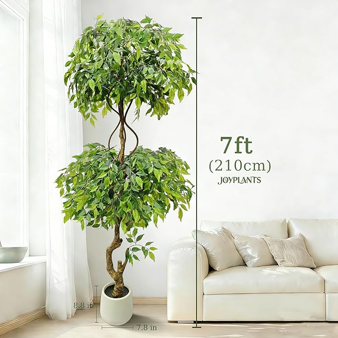 7FT Artificial Ficus Tree with White Planter, Lush Faux Ficus Tree with Adjustable Branches, Realistic Indoor Trees Artificial for Home Living Room Office Porch Garden Decor