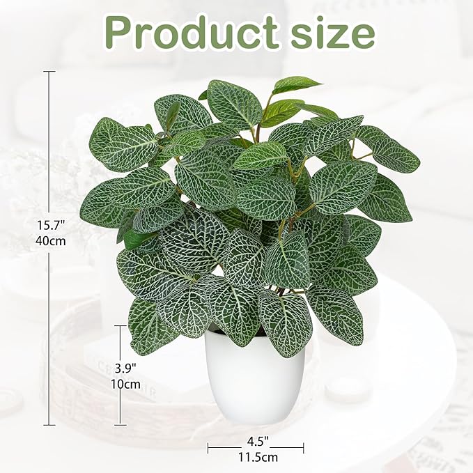 Oairse Artificial Fittonia Plants in White Pot - 15.7" Fake Nerve Plant Indoor Silk Faux Fittonia Plants Artificial Greenery Potted Small Faux Potted Plant for Office Desk Home Decor Shelf Bathroom