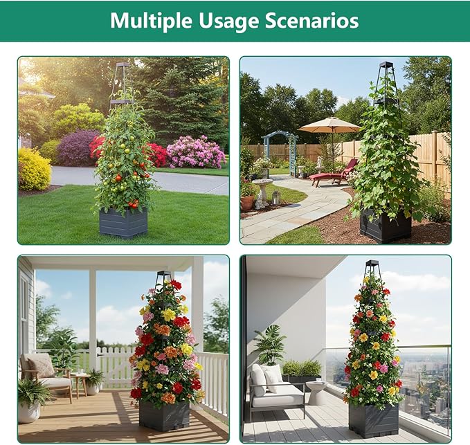 2 Pack Raised Garden Bed Planter Box with Trellis, 58”Tomato Planter with Trellis for Climbing Plants Vegetables Vine Flowers, Self-Watering Tomato Cage for Garden Patio Outdoor & Indoor