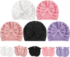 BQUBO Baby Turban Hats and Mittens Set Newborn Infant Hospital Hats Caps with Bows for Baby Boys Girls 0-12 Months