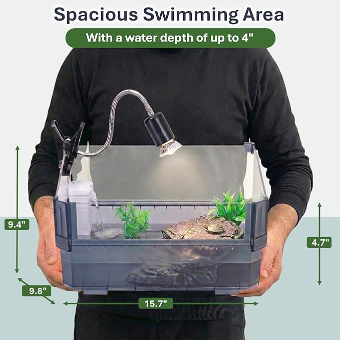 Small Turtle Tank Kit for Aquatic Turtles – Complete Starter Habitat with Filter, UVB Lamp, Basking Platform, Plants – Turtle Aquarium Kit (Black)