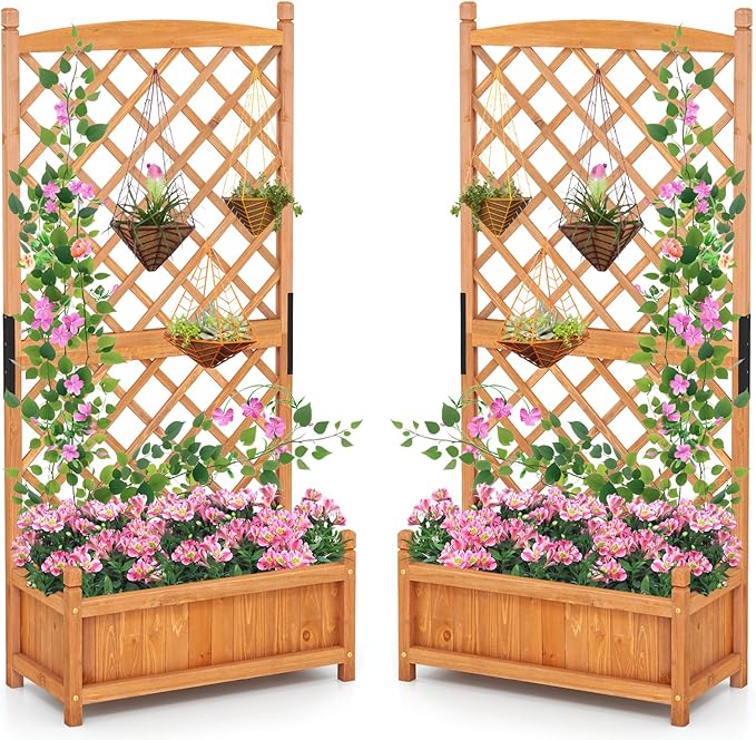 Giantex Raised Garden Bed with Trellis Set of 2, 60" Wooden Planter Container w/Drainage Holes, High Trellis for Plant Flower Climbing Pot Hanging, Indoor Outdoor Planter Box for Yard Garden Balcony