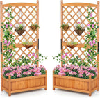 Giantex Raised Garden Bed with Trellis Set of 2, 60" Wooden Planter Container w/Drainage Holes, High Trellis for Plant Flower Climbing Pot Hanging, Indoor Outdoor Planter Box for Yard Garden Balcony