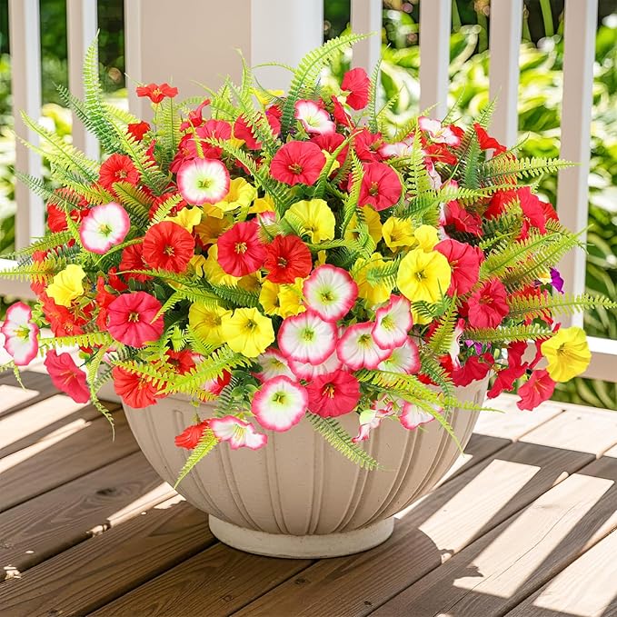 Artificial Flowers for Outdoors 12 Bundles Artificial Petunias Fake Flowers UV Resistant Shrubs Plants with Fern for Indoor Outside Hanging Planters Home Garden Spring Summer Decorations