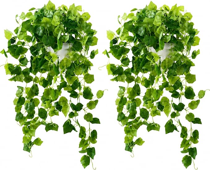 36" Faux Hanging Ivy Plants in White Pots, 2 Pack Fake Pothos Artificial Hanging Plants with 168 Leaves Each & Pebble Topping, Fake Greenery Decor for Shelf Bathroom Office Living Room