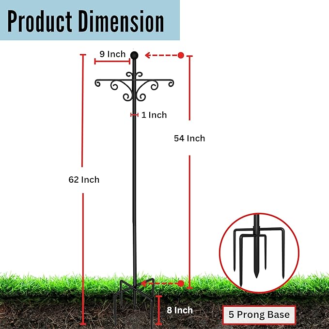 LaLaGreen Shepherd Hooks Outdoor (60 Inch, 2 Pack) Hook for Hanging Flower Basket for Plants, Black Tall Heavy Duty Hanging Stakes Plant Hanger Bird Feeder Outside, Lantern, Wind Chime, Garden Decor