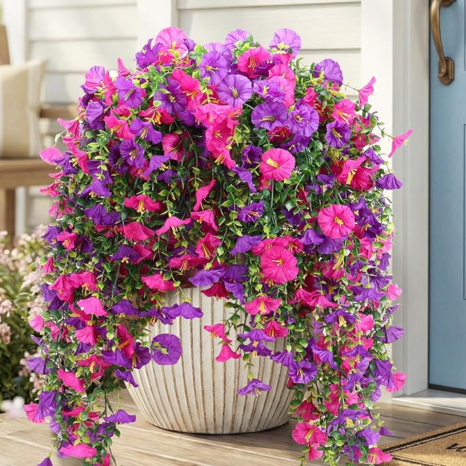 CEWOR 4pcs Artificial Hanging Plants for Outdoor, Fake Flowers Faux Silk Morning Glory with Eucalyptus, UV Resistant Realistic Faux Flower Greenery for Outside Indoor Home Porch Patio Decor, Purple