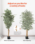 VEVOR 6FT Artificial Ficus Tree with Black Pot, Tall Faux Ficus Plant with Natural Wood Trunk and Realistic Green Leaves, Indoor Fake Silk Tree for Home, Office, Living Room, or Corner Décor