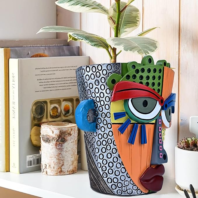 Midogaigai Abstract Face Planter Pots for Plants,Hand-Painted Colorful Flower Pots with Drainage, Indoor Outdoor Garden Decor Gift(Modern,Large)