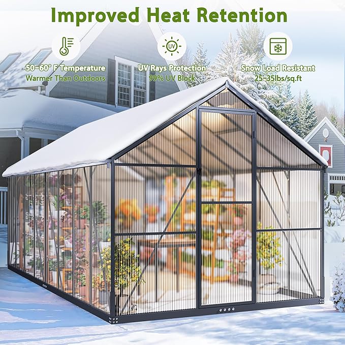 Wanan 8x16FT Greenhouses for Outdoors, Quick Assembly Green House with UV Protection, Heavy Duty Windproof Aluminum Frame, Adjustable Roof Vent for Backyard or Outdoor Garden Use