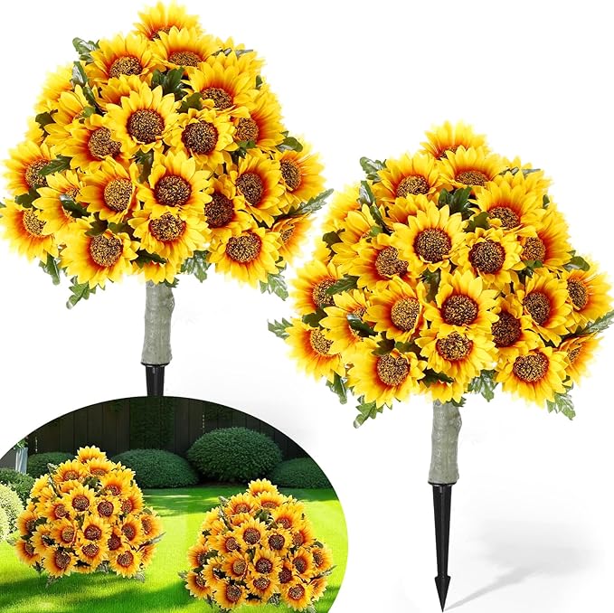 Lunmon 2 Pack Artificial Sunflower Topiary Trees for Outdoors with Ground Spikes, 24 Inch UV Resistant Faux Sunflower Ball Plants for Front Door Porch Patio Garden Yard Decor
