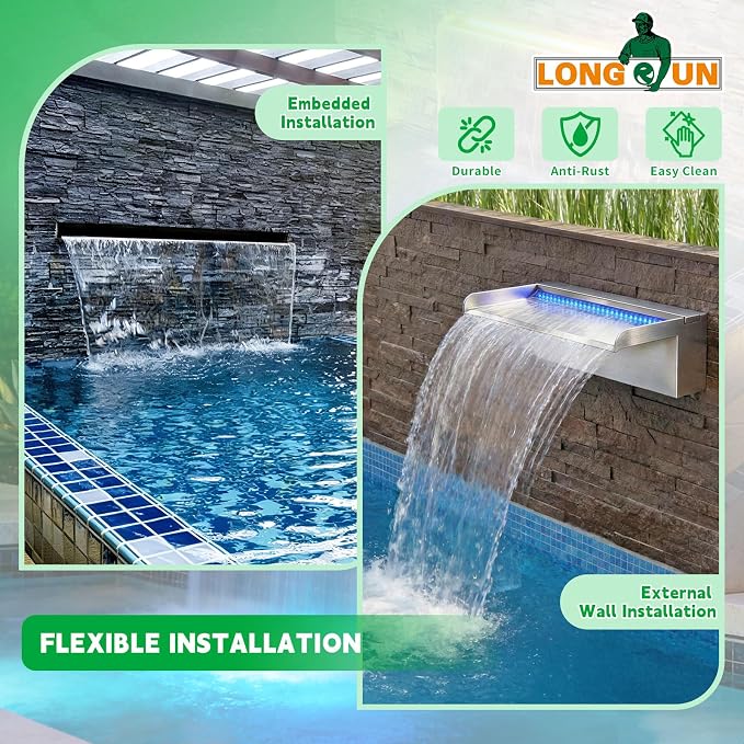 LONGRUN with lid Stainless Steel Waterfall Spillway, APP Control Multi-Color LED Light Outdoor Pool Fountain, Water Spillway Koi Pond Waterfalls Fountains Kit for Garden Patio Swimming Pool-35.4"