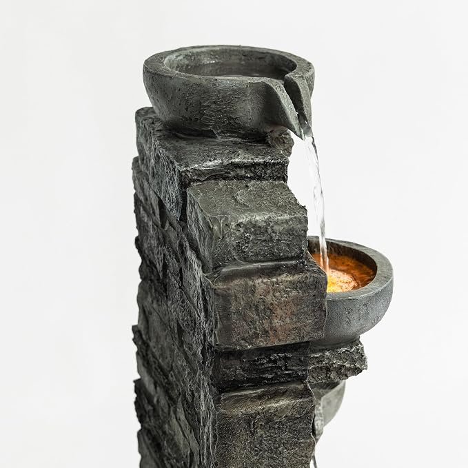 Teamson Home 28.5" Outdoor 4-Tier Stacked Stone Cascading Water Fountain with LED Lights, Gray
